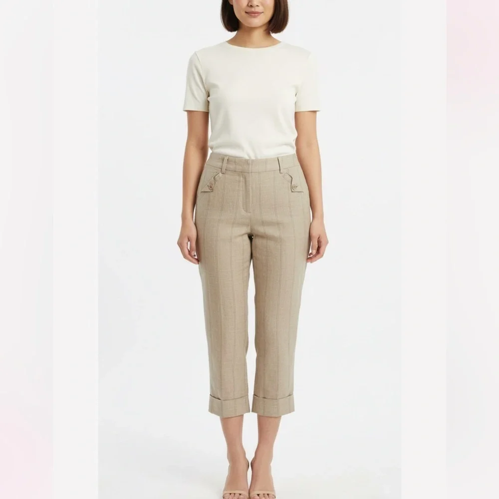 Mango‎ Cropped 100% Linen Pinstripes Mid Rise Pants.Sz 4